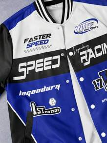 SHEIN 青少年男童休闲拼接撞色棒球夹克，赛车标志印花长袖罗纹腰带运动外套 - 寶藍色 - 查看 9