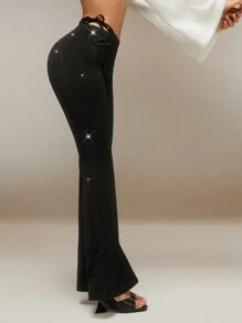 SHEIN Unity Quần đen nữ có cạp chữ V bằng chỉ vàng và bạc, quần ống loe bó, quần áo mùa thu, Halloween - màu đen - Xem 5