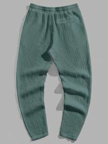 GENTILAND Pantalones sueltos casuales de tejido sencillo de unicolor con cordón en la cintura para hombre - Verde - Ver 1