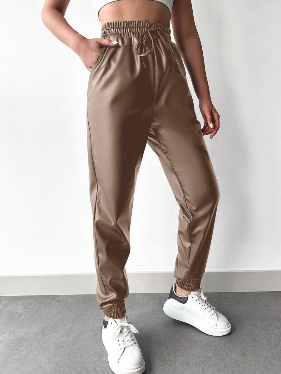 EURMUSE 女士pu皮正面綁帶褲 - 銅色 - 查看 1