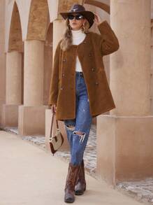 SHEIN Privé Teddy Double-Breasted Round Neck Pocket Mid-Length Coat Fall Cloth For Women - Coffee Brown - View 5