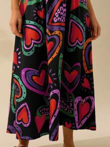 CAJUNI Women's Colorful Heart Print, Boho Print Halter Big Swing Long Dress, Holiday Casual Beach Summer Black Dress - Multicolor - View 11