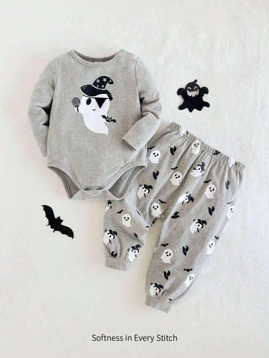 Cozy Pixies 2pcs Newborn Baby Boy Halloween Ghost Pattern Knit Soft Round Neck Romper & Footed Pants Fall Set