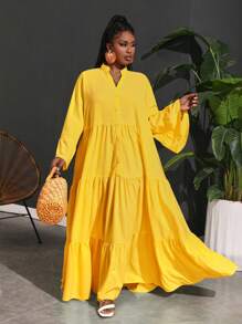 Slaydiva 大码女士度假休闲宽松飘逸 A 字形连衣裙 - 芥末黃 - 查看 7