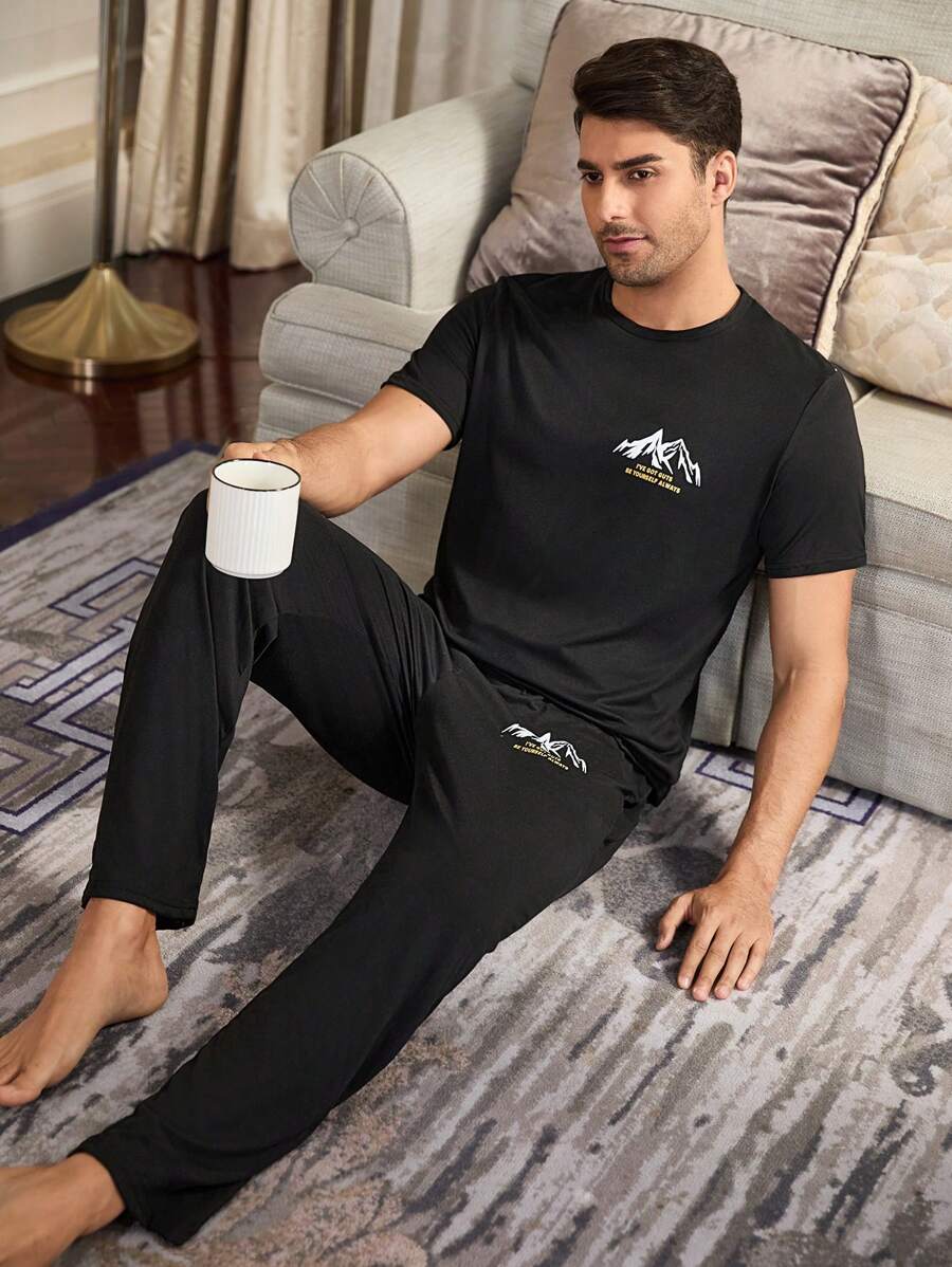 Letter Print Men Short Sleeve Top & Pants Loungewear Set - Black - View 1