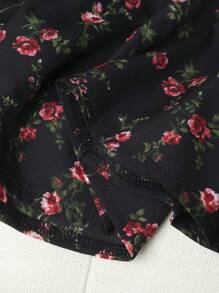 Franclia 女士方领短袖花卉印花衬衫荷叶边上衣 - 黑色 - 查看 3
