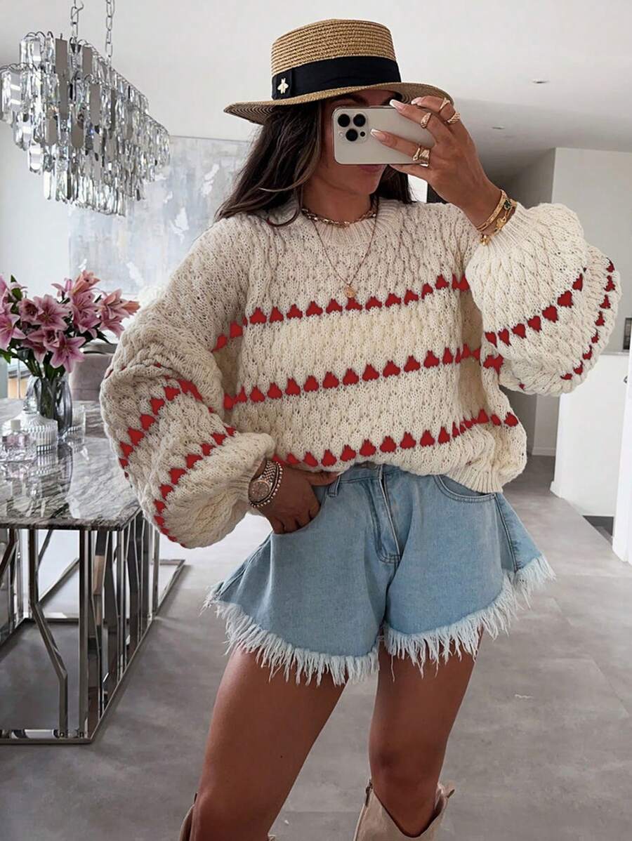 INAWLY 女士休闲宽松圆领长袖时尚毛衣、七分袖上衣