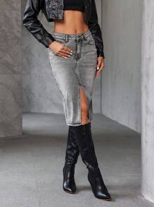 SHEIN Essnce تنورة جينز ممزقة للنساء مع شق