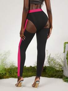 evoluSHEIN X Anitta Spagnelli Designer Color-Blocked Hollow Out Buckle Leggings, Holiday, Thanksgiving, Festival - Black - View 2