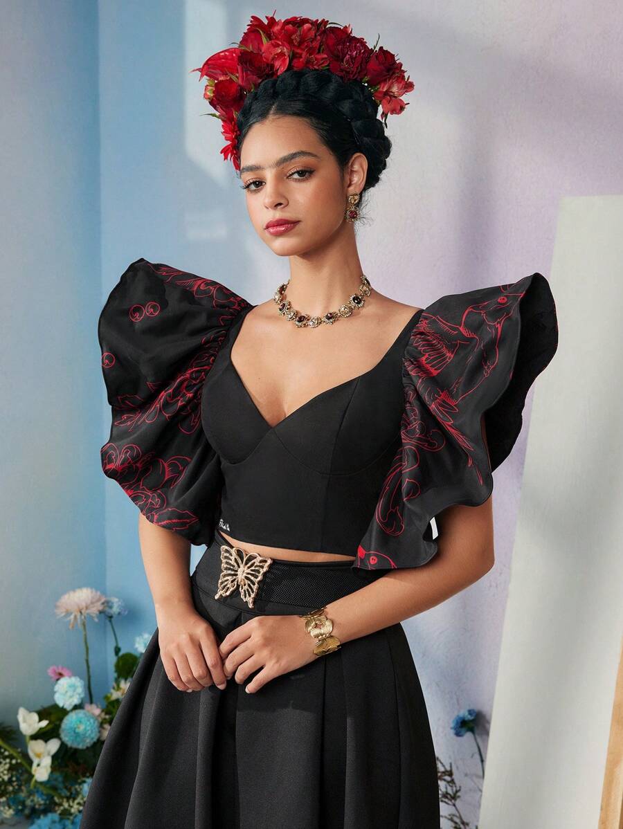 KATHARSIS Frida Kahlo X SHEIN X Designer Áo crop top hở nách in hình chim, Ngày lễ, Lễ tạ ơn, Mùa xuân & mùa hè, Đi chơi, Lễ hội - màu đen - Xem 1