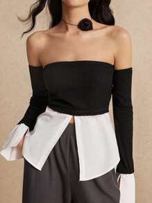 Poéselle Black Going Out Tops,Women's Solid Color Patchwork Off Shoulder Long Sleeve Split Casual Blouse,Fall Women Clothes,Fake Two Shirt Splicing Chest Top, Long Sleeve Sleeve, Sleeve Sleeve Removable,Simple Fashion, Siren Office, Suitable For Daily Commute, Street Wear - Black - View 1