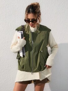 SHEIN Essnce Double Zip Button Loose Vest - Army Green - View 2
