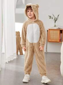 SHEIN Cute Loose Comfortable Embroidered 3D Animal Design Fleece Jumpsuit For Young Boys  Bear Jumpsuits - Khaki - View 4
