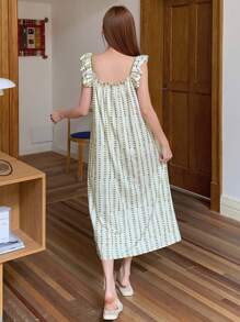 DAZY 全印花荷叶边下摆吊带睡袍 - 綠色 - 查看 2