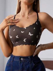 SHEIN 女士休闲浪漫蝴蝶印花文胸、内衣 - 棕色 - 查看 1