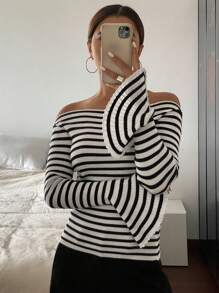 DAZY Blusa de punto con hombros descubiertos a rayas, suéter de otoño para mujer con parte superior de hombros descubiertos - Negro - Ver 6