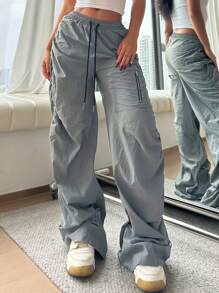 SHEIN EZwear Women's Casual Solid Color Loose Fit Wide Leg Low Waist Trousers - Grey - View 4