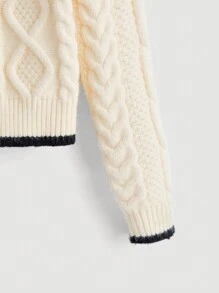 SHEIN MOD Áo khoác cardigan ngắn cổ tròn phối màu, chất liệu dệt kim, màu mơ, thích hợp mặc đi hẹn hò, thanh lịch hoặc đi xem hòa nhạc. - Màu be - Xem 4