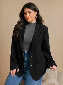 Elaquor 秋冬大码女式纯色缺口领长袖休闲西装外套