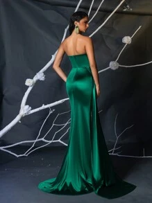 SHEIN Belle Elegante vestido de cola de sirena de satén brillante con pliegues en la cintura alta, cuello en V profundo y aplicaciones de lentejuelas tridimensionales verdes de lujo, adecuado para todas las ocasiones formales, cena de industria pesada, baile de graduación, invitado de boda - Verde - Ver 3