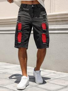 Manfinity LEGND Men's Button Waistband Distressed Design Casual Denim Shorts - Black - View 6