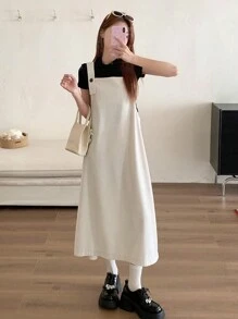 FRIFUL Women's Solid Color Simple Casual Strap Corduroy Overall Dress Sundress