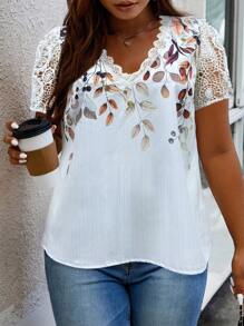 Calvaya Áo cánh tay ngắn cổ chữ V in hoa ren cỡ lớn cho nữ, mùa hè - trắng - Xem 1