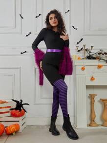 Women's New Fashion Halloween Black Crew Neck Long Sleeve Cinched Waist Bow Skater Dress, Purple Glitter Shawl, Black & Purple Striped Leggings, Dark Goth Style, Mommy And Me Matching Outfits (2 Sets Sold Separately) Fall Cloth For Women - Multicolor - View 1