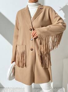 SHEIN Essnce Chaqueta informal de mezcla de lana con flecos para mujer, abrigo de lana natural con flecos crudos para mujer, otoño e invierno - Caqui - Ver 7