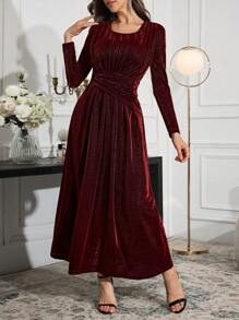 Modelyn Women Elegant Solid Color Round Neck Long Sleeve Ruched Waist Dress, Spring Summer Long Evening Dresses - Red - View 3