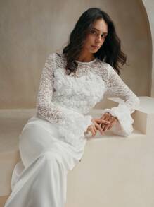 Anewsta Lady-Like Long Sleeve Dress With Lace Patchwork 3D Flower Detail, For Fall/Winter