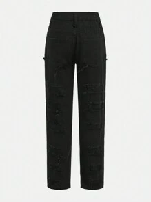 Jeans dritti con orlo sfrangiato e rovinato, in stile casual da strada Y2K, colore nero tinta unita, per ragazze adolescenti - nero - Visualizzare 2