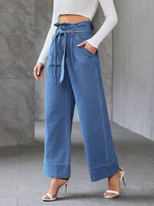 SHEIN Essnce Women Plain High Waist Tie-Up Straight-Leg Jeans