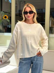 EURMUSE Woman Loose Fit Comfy Warm Rhinestones Detailed Sweater - Beige - View 3