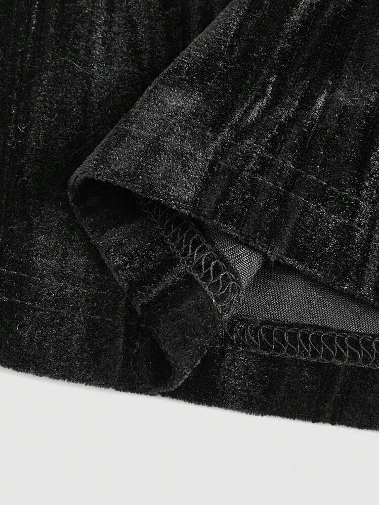 SHEIN MOD 女士黑色天鹅绒高腰压花短裤 - 黑色 - 查看 4