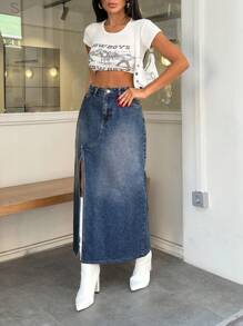 SHEIN Cottnline MID LENGHT DENIM SKIRT ASYMMETRICAL SLIT DETAIL - Dark Wash - View 3