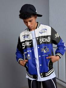 SHEIN 青少年男童休闲拼接撞色棒球夹克，赛车标志印花长袖罗纹腰带运动外套 - 寶藍色 - 查看 6