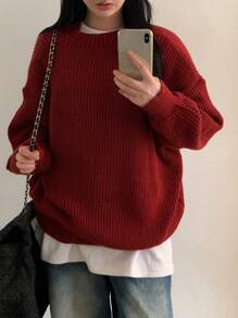 DAZY 纯色圆领长袖简约套头衫秋季毛衣、休闲日常穿着、长袖上衣 - 紅色 - 查看 2