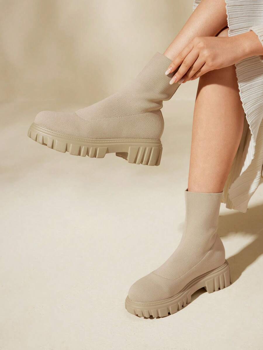 CUCCOO BASICS Women Shoes Fashion Minimalist Thick Sole Slip Lightweight Beige Sock Boots, Combat Boots Vacation Shoes Summer Back To School Shoes College Student Shoes Spring Shoes Spring Break Easter - Apricot - View 1