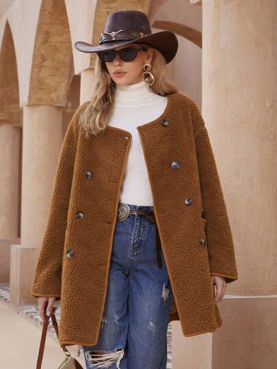 SHEIN Privé Abrigo de largo medio con cuello redondo y bolsillos de doble botonadura de estilo "Teddy"