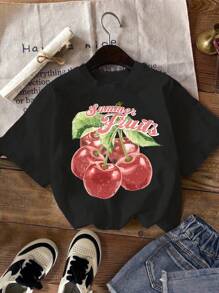 SHEIN EZwear 3 件套休闲简约草莓和樱桃印花圆领短袖修身短款女式 T 恤，适合夏季 - 彩色 - 查看 5