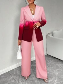 SOLERSUN 2pcs/Set Ombre Lapel Neck Single Button Blazer & Pants - Pink - View 5