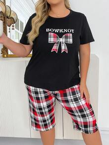 Bộ đồ ngủ tay ngắn 3/4 in nơ kẻ caro rộng rãi, thường ngày, cỡ lớn - màu đen - Xem 4
