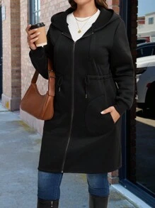 SHEIN LUNE Áo khoác trùm đầu thường ngày có khóa kéo túi trước màu trơn cỡ lớn, mặc hàng ngày - màu đen - Xem 3