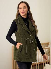 SHEIN Maternity Fuzzy Collar Button Vest Jacket, For Autumn & Winter Pregnancy - Army Green - View 6