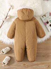 SHEIN 新生儿男女宝宝加厚保暖抓绒连帽连体衣，字母拼接设计，适合秋冬季户外活动和滑雪 - 彩色 - 查看 2