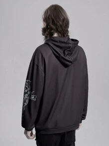 ROMWE MEN Goth Men's Printed Zipper Drawstring Casual Everyday Wear Hooded Sweatshirt - Multicolor - View 5