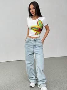 Chiquease 女士花卉印花短袖圆领短款修身 T 恤 - 彩色 - 查看 3