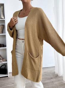 SHEIN Cottnline Women's Solid Color Bat Sleeve Double Pocket Pineapple Flower Cardigan For Autumn/Winter - Khaki - View 6