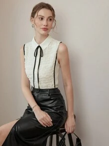 MOTF PREMIUM 系带领口撞色绑带纹理衬衫 - 白色 - 查看 9